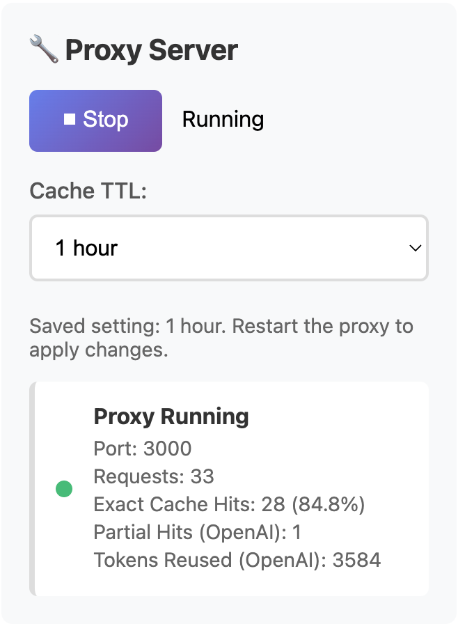 AI Optimizer showing requests, exact cache hits, partial hits for OpenAI, and tokens reused