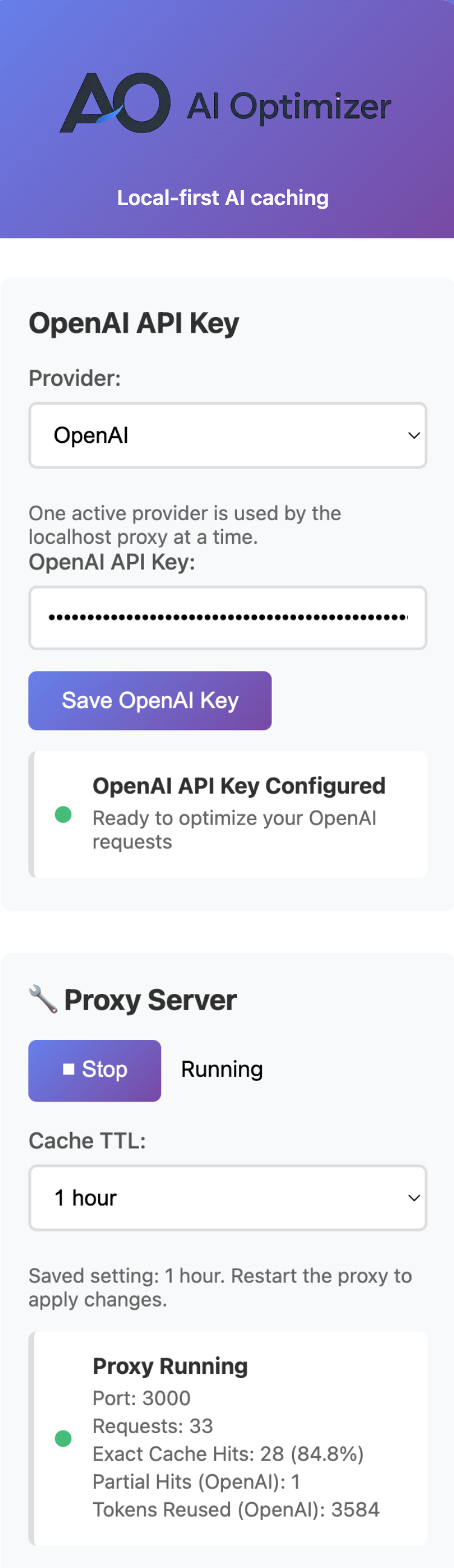 AI Optimizer app showing OpenAI provider configured with proxy running and cache stats