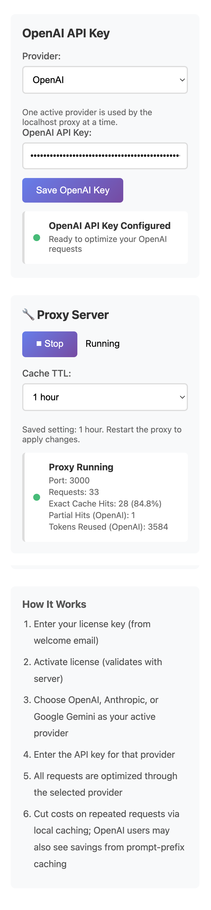 AI Optimizer showing provider selection, proxy running, TTL, and cache stats