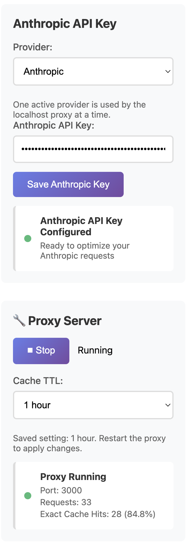AI Optimizer showing Anthropic provider configured with proxy running and cache stats