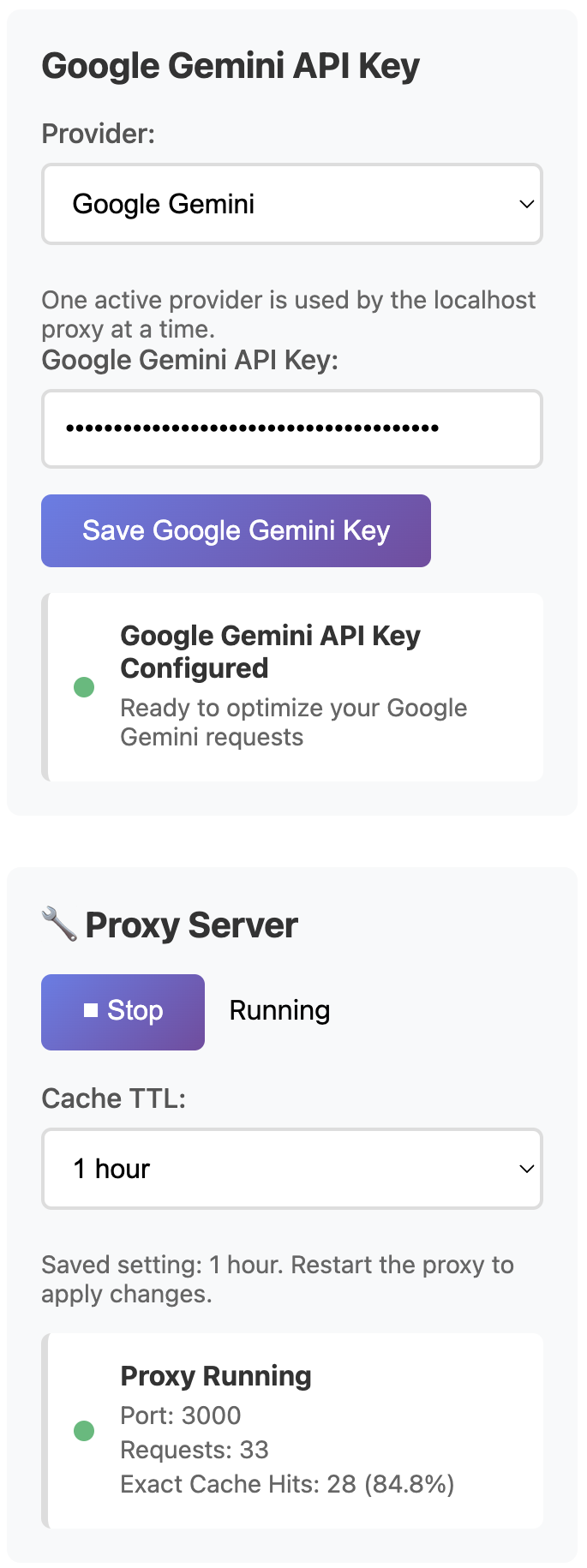 AI Optimizer showing Google Gemini configured with proxy running and cache stats