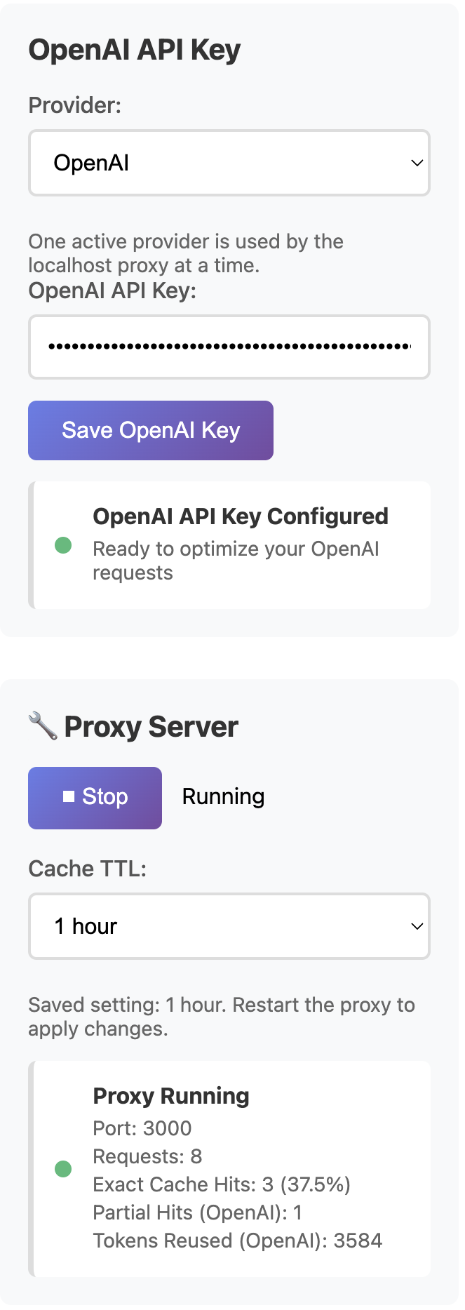 AI Optimizer showing OpenAI provider configured with proxy running and cache stats